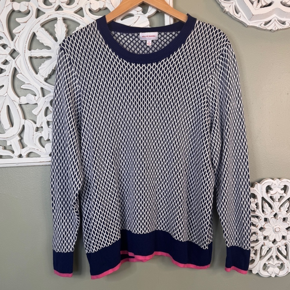 Molly & Isadora White & Navy Patterned Knit Sweater with Pink Trim 2x
